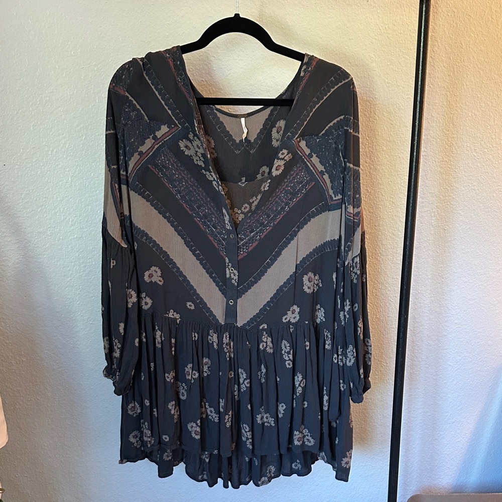 Free People Dark Gray Floral Blouse